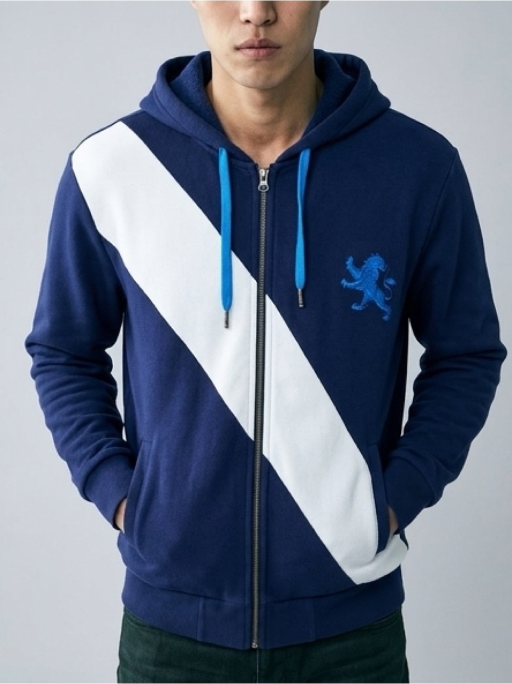 Retro Y2K Blokecore Athleisure Cozy Fleece Zip-Up Hoodie Mens Diagonal Stripe L